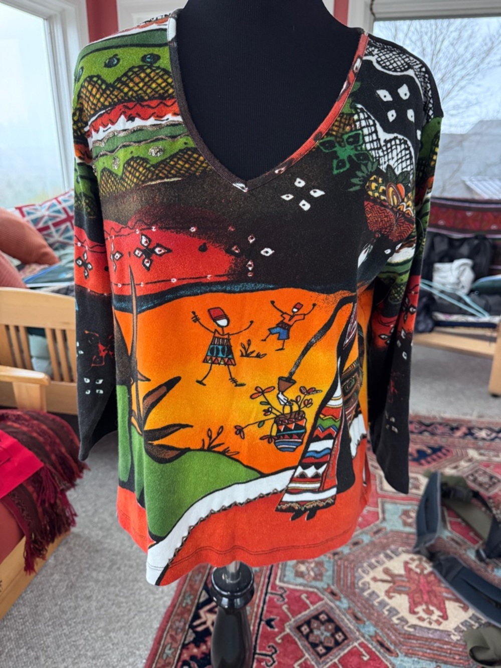 Vibrant Tribal Print V-Neck Top in Orange, Green & Black
